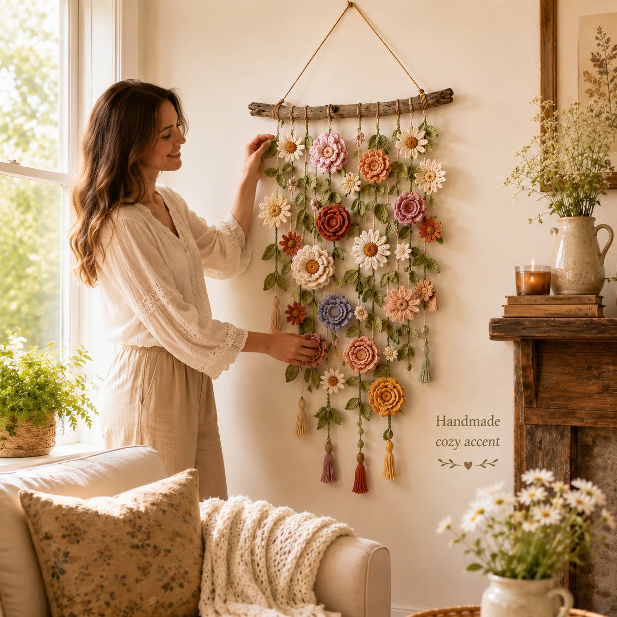 Boho væghæng med hæklede blomster 🌼🌿 - 🌸 1 stk