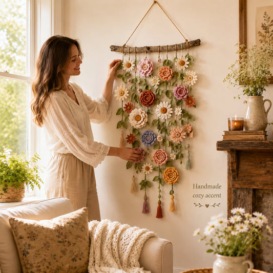 Boho væghæng med hæklede blomster 🌼🌿 - 🌸 1 stk
