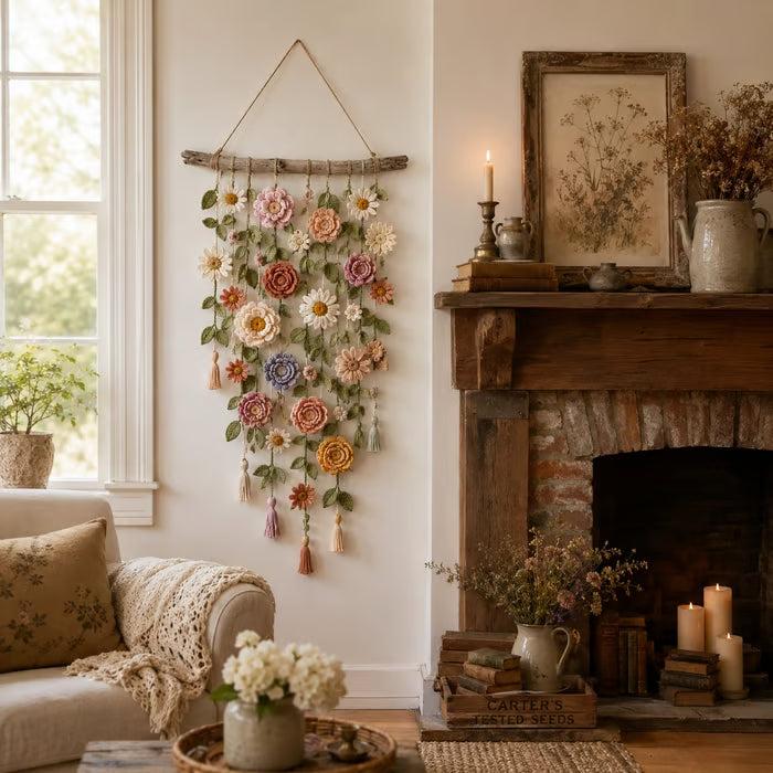 Boho væghæng med hæklede blomster 🌼🌿 - 🌸 1 stk
