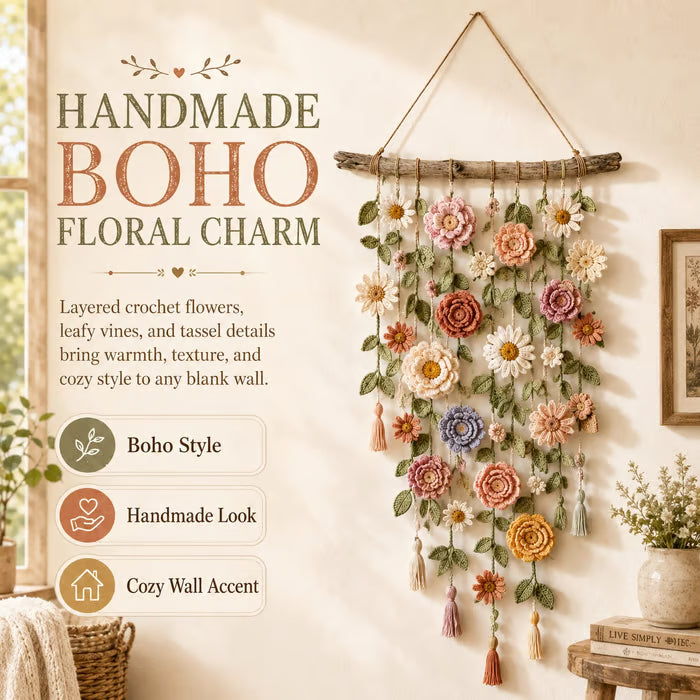 Boho væghæng med hæklede blomster 🌼🌿 - 🌸 1 stk