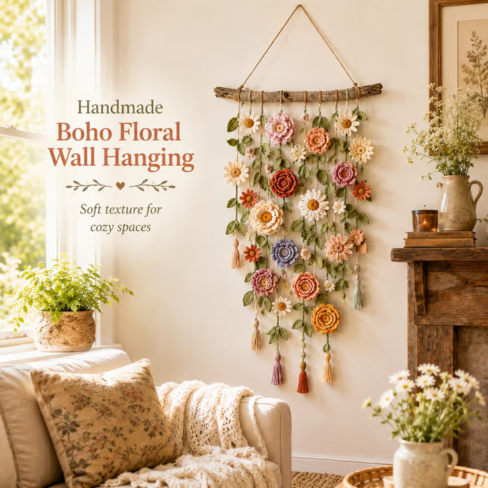 Boho væghæng med hæklede blomster 🌼🌿 - 🌸 1 stk
