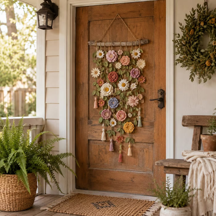 Boho væghæng med hæklede blomster 🌼🌿 - 🌸 1 stk