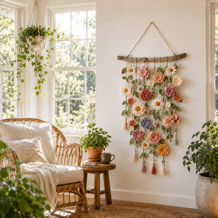 Boho væghæng med hæklede blomster 🌼🌿 - 🌸 1 stk