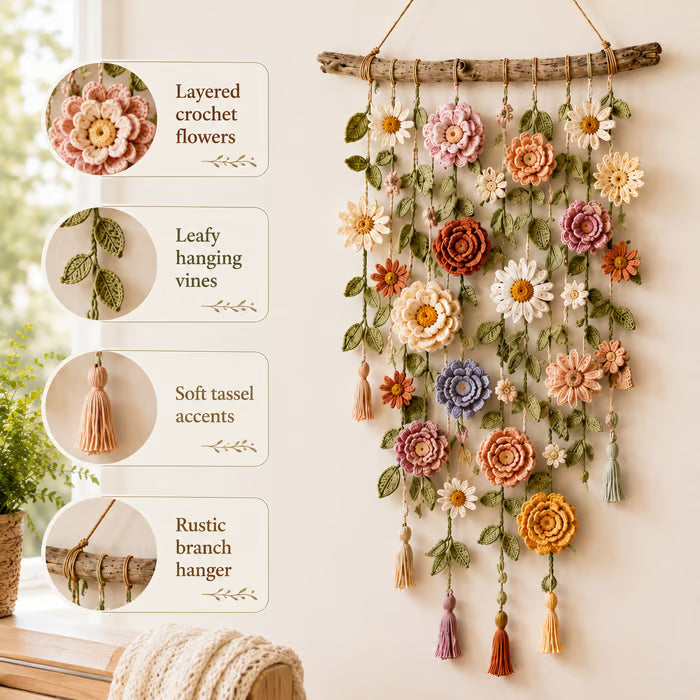 Boho væghæng med hæklede blomster 🌼🌿 - 🌸 1 stk