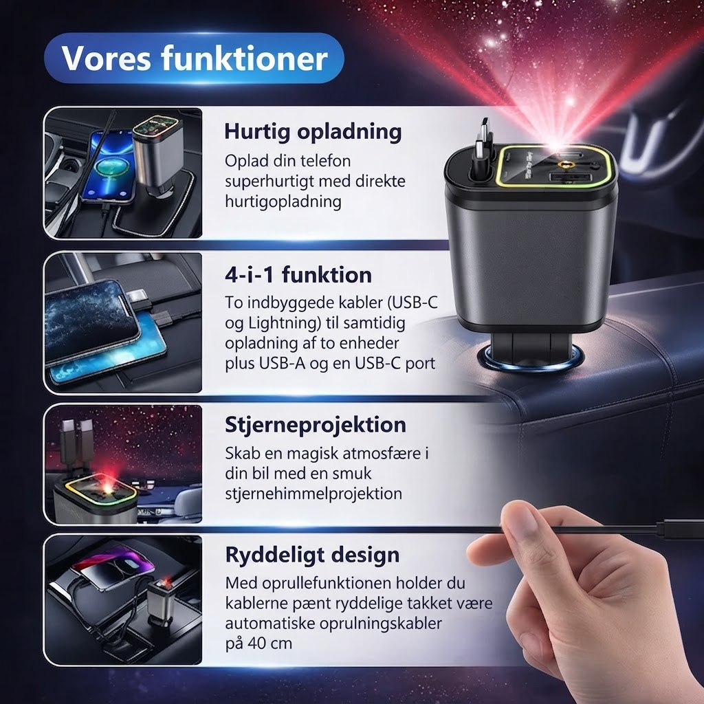 AutoCharge™ 120W | 4-i-1 Oplader, Super Hurtig, RGB Stjernehimmel!