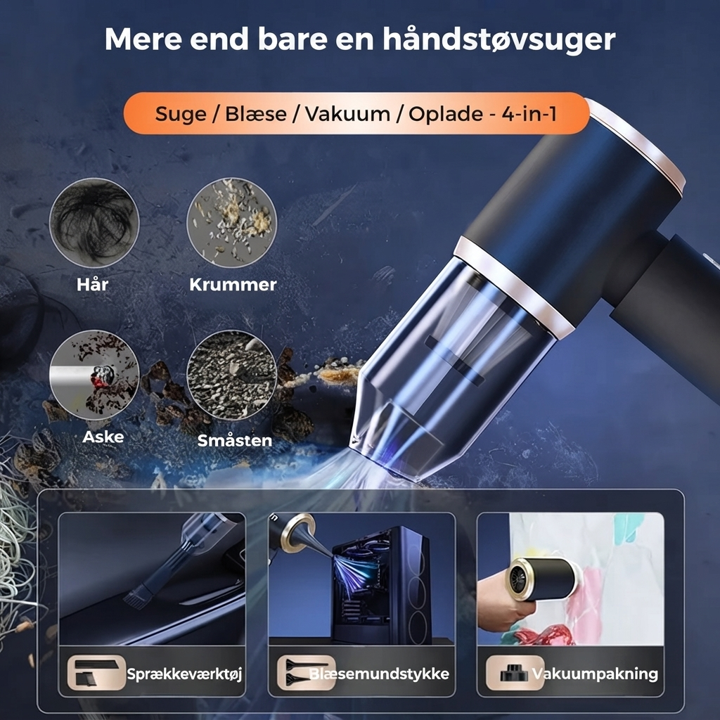TurboVacuum™ 2.0 Pro – Trådløs Mini Støvsuger & Blæser til Kontor, Bil og Svære Hjørner